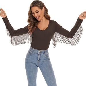 Women's brown Fringe Trim V-Neck Top body suit